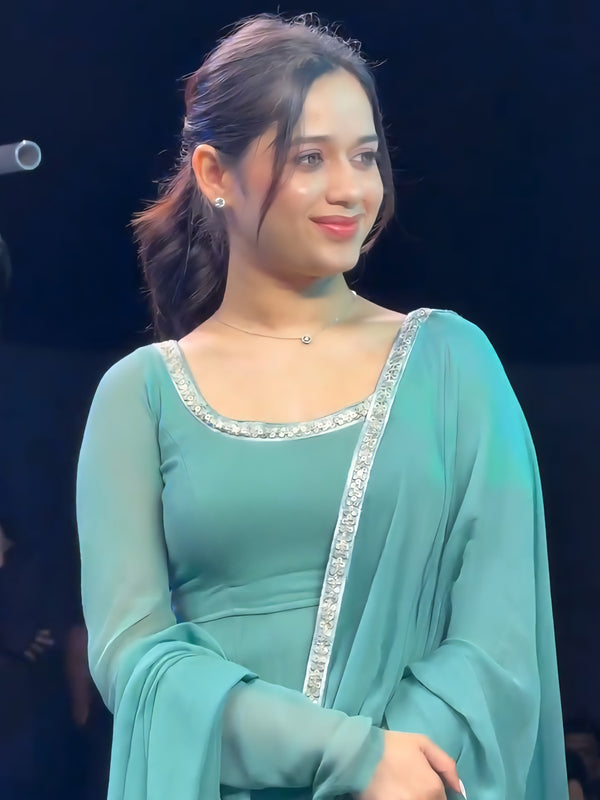 Jannat Jubair Inspired Cham Cham Sequence Anarkali Set | Soft Faux Georgette | Gold & Silver Lace Work