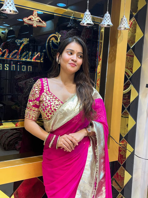 Original Hand Charkhi Gotta Patti Work Aangi Blouse Saree With Heavy Sequence Border (1219)