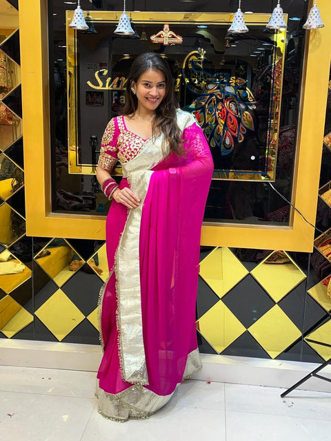 Original Hand Charkhi Gotta Patti Work Aangi Blouse Saree With Heavy Sequence Border (1219)