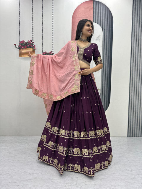 Chinon Lehenga Choli Set for Women – Festival & Party Wear (WINE)