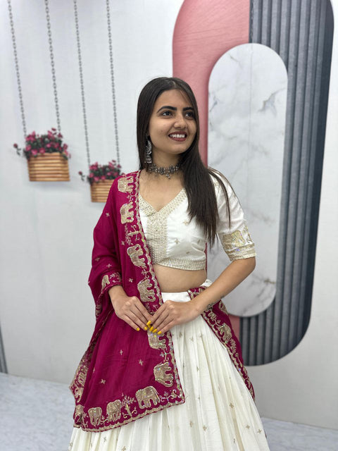 Chinon Lehenga Choli Set for Women – Festival & Party Wear (WHITE)