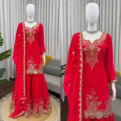 Designer Faux Georgette Sharara Set for Women – Thread & Sequence Work Festive Wear(RED)