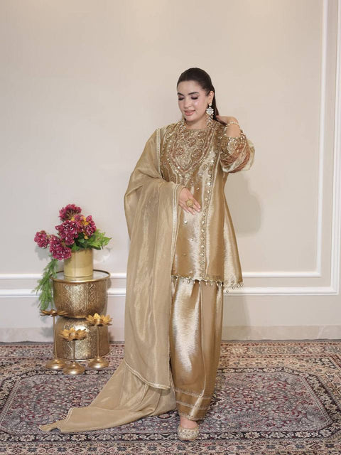 Wedding Wear Sequence Embroidered Fendy Top Salwaar Dupatta Set