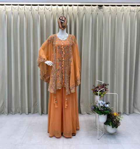 ✨Designer Wear Kurta Plazzo Pair With Shrug In Sequence Embroidery Work✨ (BEIGE)