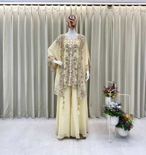 ✨Designer Wear Kurta Plazzo Pair With Shrug In Sequence Embroidery Work✨ (OFF WHITE)