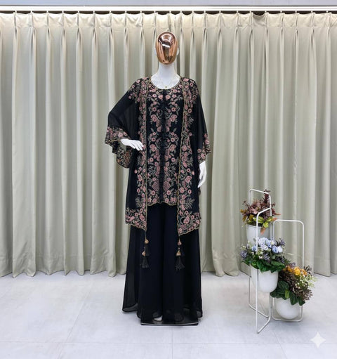 ✨Designer Wear Kurta Plazzo Pair With Shrug In Sequence Embroidery Work✨ (BLACK)