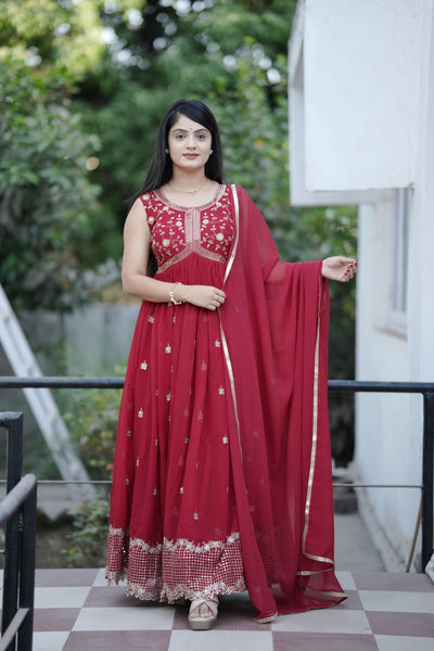 Heavy Faux Georgette Embroidery Gown With Sequence Work And Dupatta (MAROON)