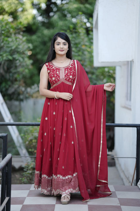 Heavy Faux Georgette Embroidery Gown With Sequence Work And Dupatta (MAROON)