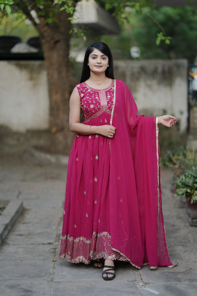 Heavy Faux Georgette Embroidery Gown With Sequence Work And Dupatta (PINK)