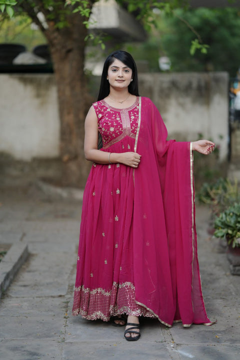 Heavy Faux Georgette Embroidery Gown With Sequence Work And Dupatta (PINK)
