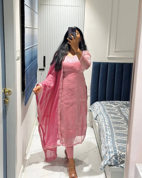 Designer Suit And Pent Set With Hot Fix Work And Dupatta