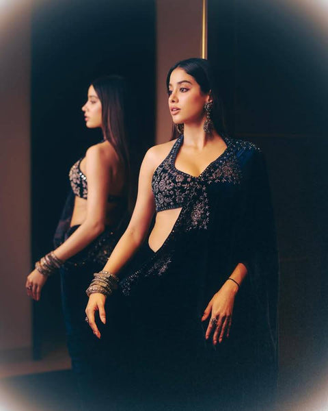 Celebrity Inspired Premium Velvet Saree With Embroidery Work