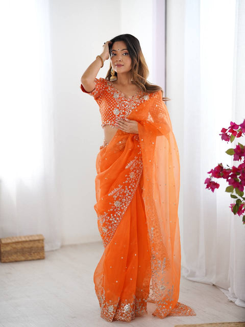 Heavy Organza Silk Saree With Thread And Sequin Embroidery