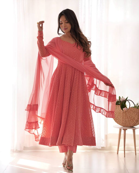 ✨Registered Lucknowi Georgette Anarkali Suit Set With Kali Flare And Dupatta (PECAH)