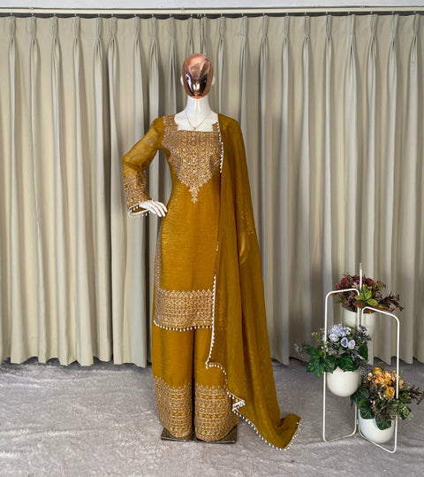 Designer Crunchy Fabric Top Palazzo Dupatta Set with Cording Sequins Embroidery (MUSTARD)