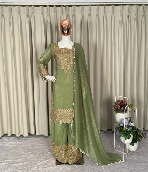 Designer Crunchy Fabric Top Palazzo Dupatta Set with Cording Sequins Embroidery (GREEN)