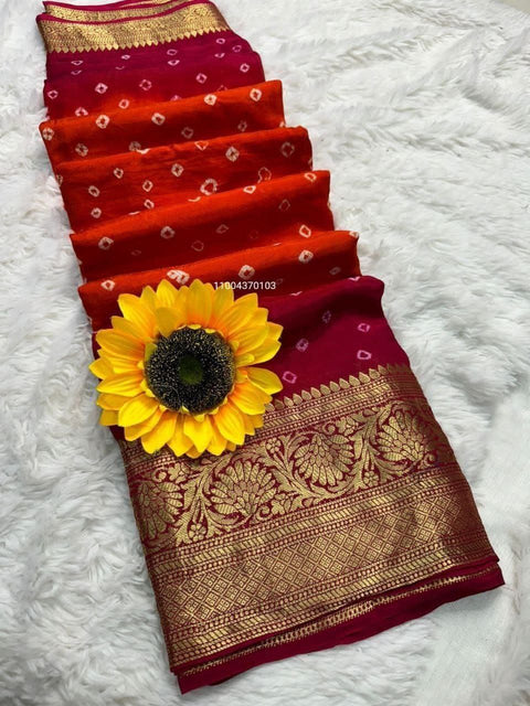 Exclusive Bandhani Silk Saree with Zari Weaving & Kanchipuram Border