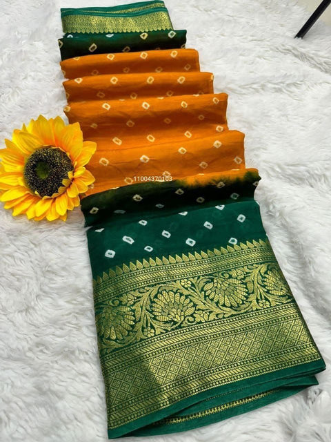 Exclusive Bandhani Silk Saree with Zari Weaving & Kanchipuram Border
