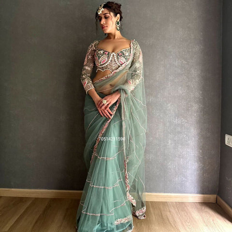 Premium Net Designer Saree with Embroidery & Diamond Work