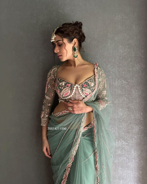 Premium Net Designer Saree with Embroidery & Diamond Work