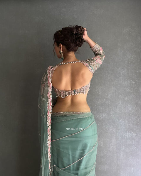 Premium Net Designer Saree with Embroidery & Diamond Work