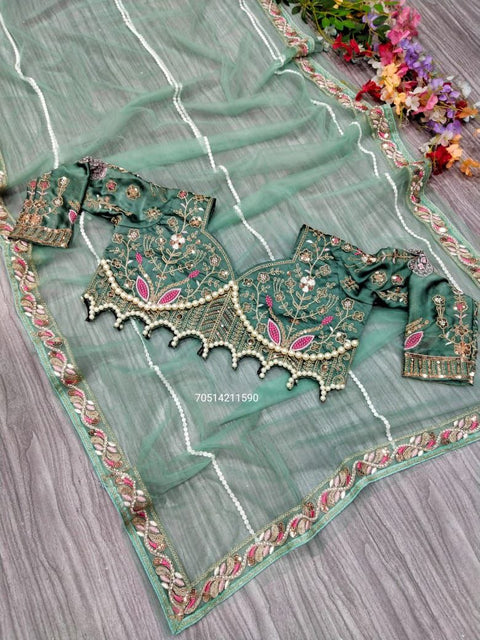 Premium Net Designer Saree with Embroidery & Diamond Work