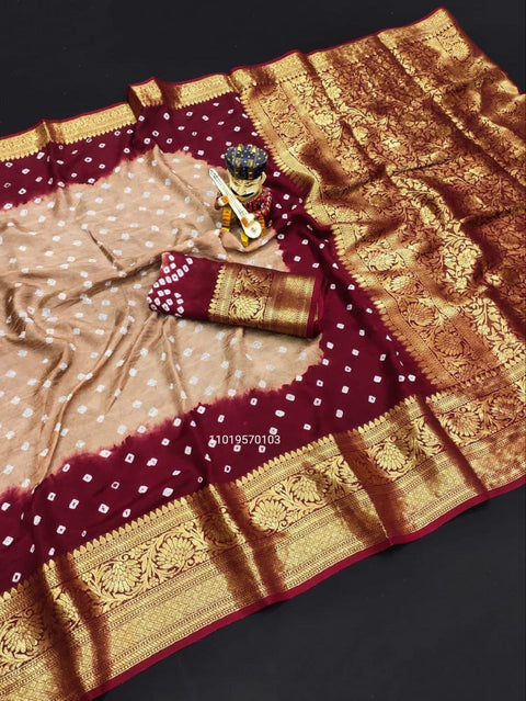Trending Pure Bandhej Silk Saree with Kanchipuram Zari Weaving