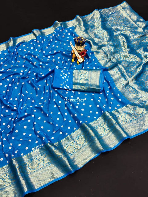 Trending Pure Bandhej Silk Saree with Kanchipuram Zari Weaving