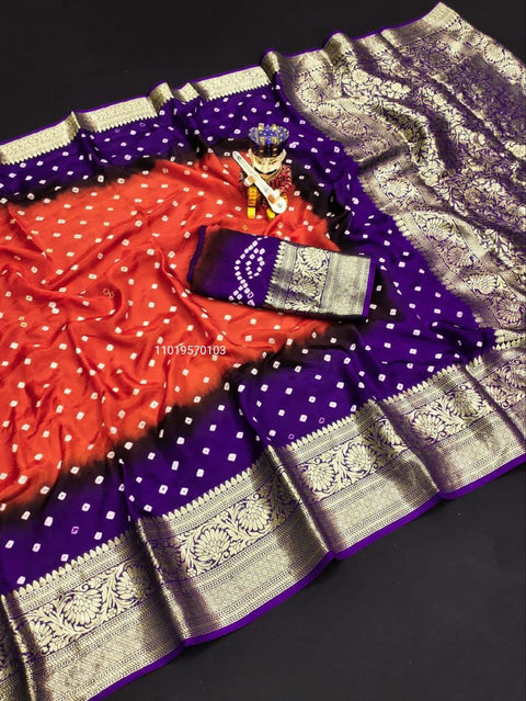 Trending Pure Bandhej Silk Saree with Kanchipuram Zari Weaving