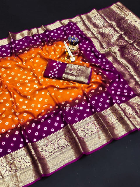 Trending Pure Bandhej Silk Saree with Kanchipuram Zari Weaving