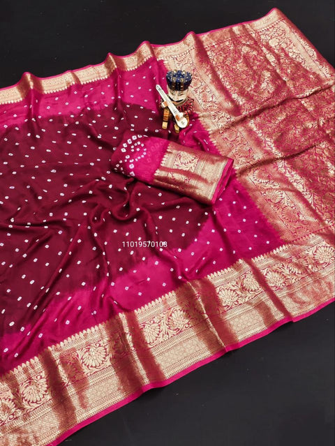 Trending Pure Bandhej Silk Saree with Kanchipuram Zari Weaving