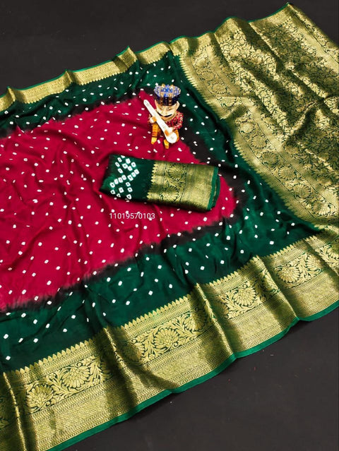 Trending Pure Bandhej Silk Saree with Kanchipuram Zari Weaving