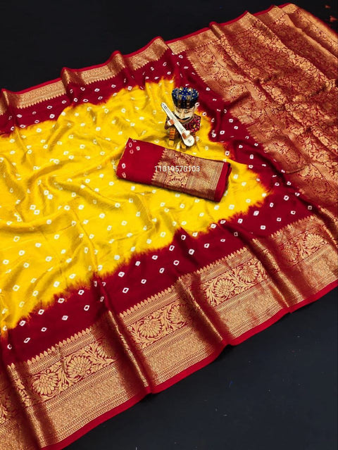 Trending Pure Bandhej Silk Saree with Kanchipuram Zari Weaving