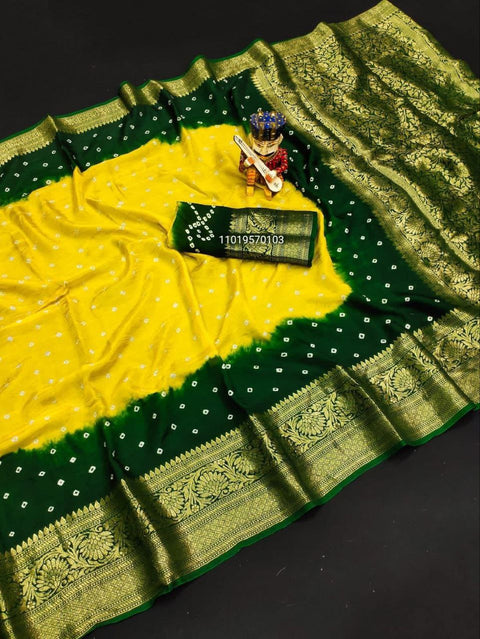 Trending Pure Bandhej Silk Saree with Kanchipuram Zari Weaving