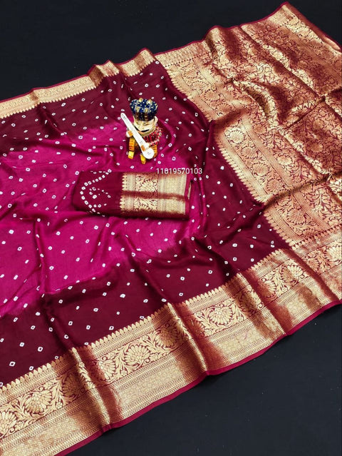 Trending Pure Bandhej Silk Saree with Kanchipuram Zari Weaving
