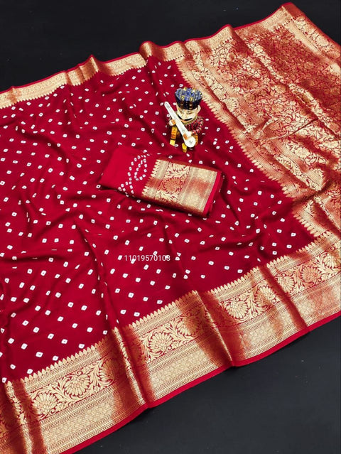 Trending Pure Bandhej Silk Saree with Kanchipuram Zari Weaving