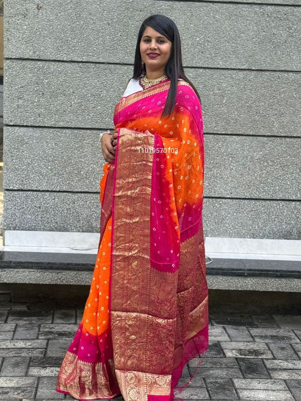 Trending Pure Bandhej Silk Saree with Kanchipuram Zari Weaving
