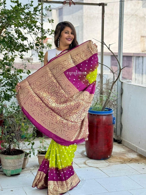 Trending Pure Bandhej Silk Saree with Kanchipuram Zari Weaving