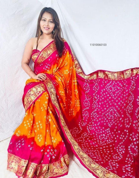Handcrafted Bandhani Art Silk Saree with Zari Weaving Border