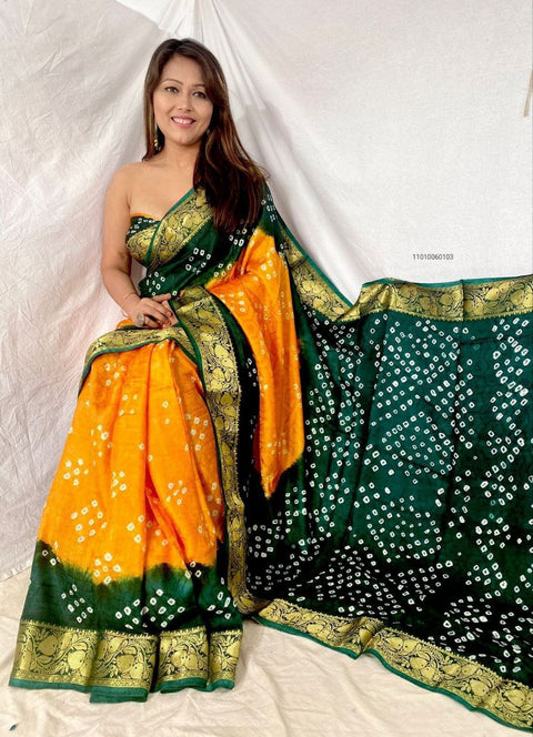 Handcrafted Bandhani Art Silk Saree with Zari Weaving Border