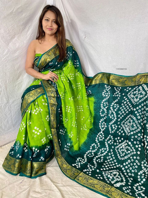Handcrafted Bandhani Art Silk Saree with Zari Weaving Border