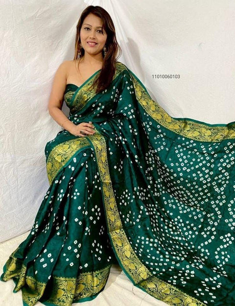 Handcrafted Bandhani Art Silk Saree with Zari Weaving Border