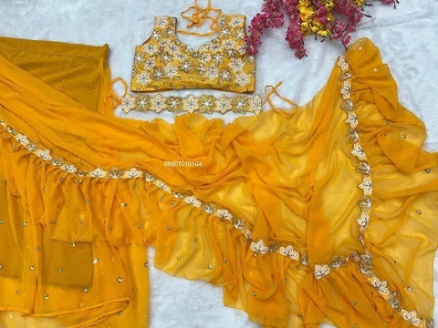 Haldi Special Partywear Layered Ruffle Lehenga Saree with Embroidered Dupatta