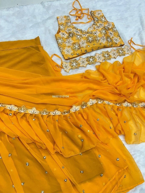 Haldi Special Partywear Layered Ruffle Lehenga Saree with Embroidered Dupatta