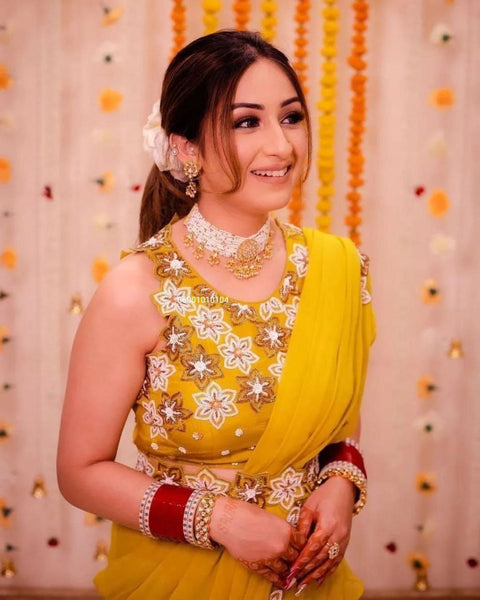 Haldi Special Partywear Layered Ruffle Lehenga Saree with Embroidered Dupatta