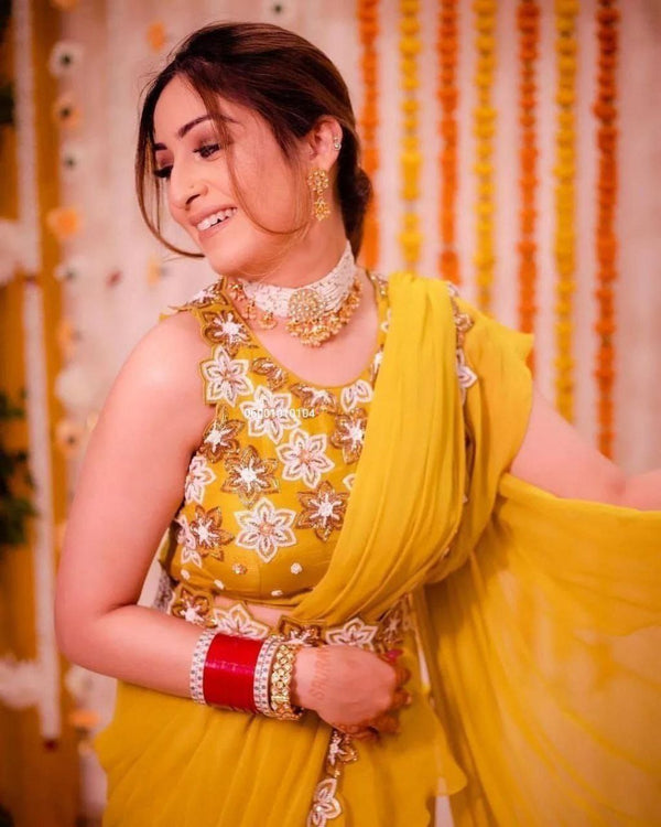 Haldi Special Partywear Layered Ruffle Lehenga Saree with Embroidered Dupatta