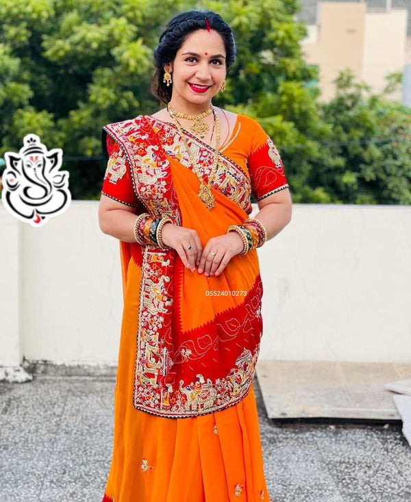 Premium Bandhani Saree with Diamond Work & Coding Lace