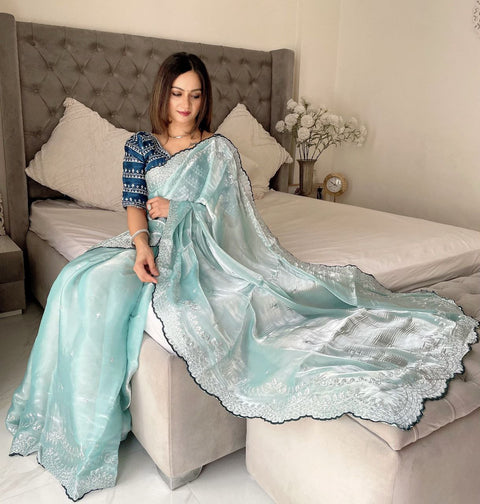 Elegant Designer Sequins Saree with Stitched Blouse (SKY)