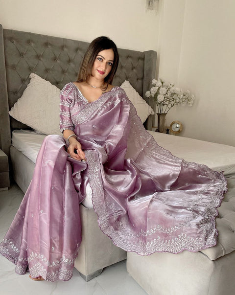 Elegant Designer Sequins Saree with Stitched Blouse (Onion)