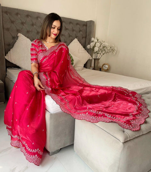 Elegant Designer Sequins Saree with Stitched Blouse (RED)